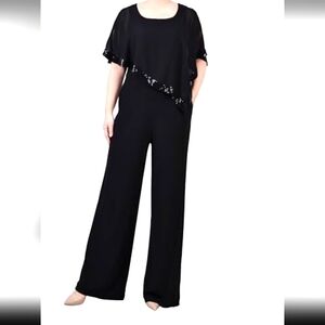 NY Collection drapery sequin jumpsuit wide leg. Black. Petite medium.